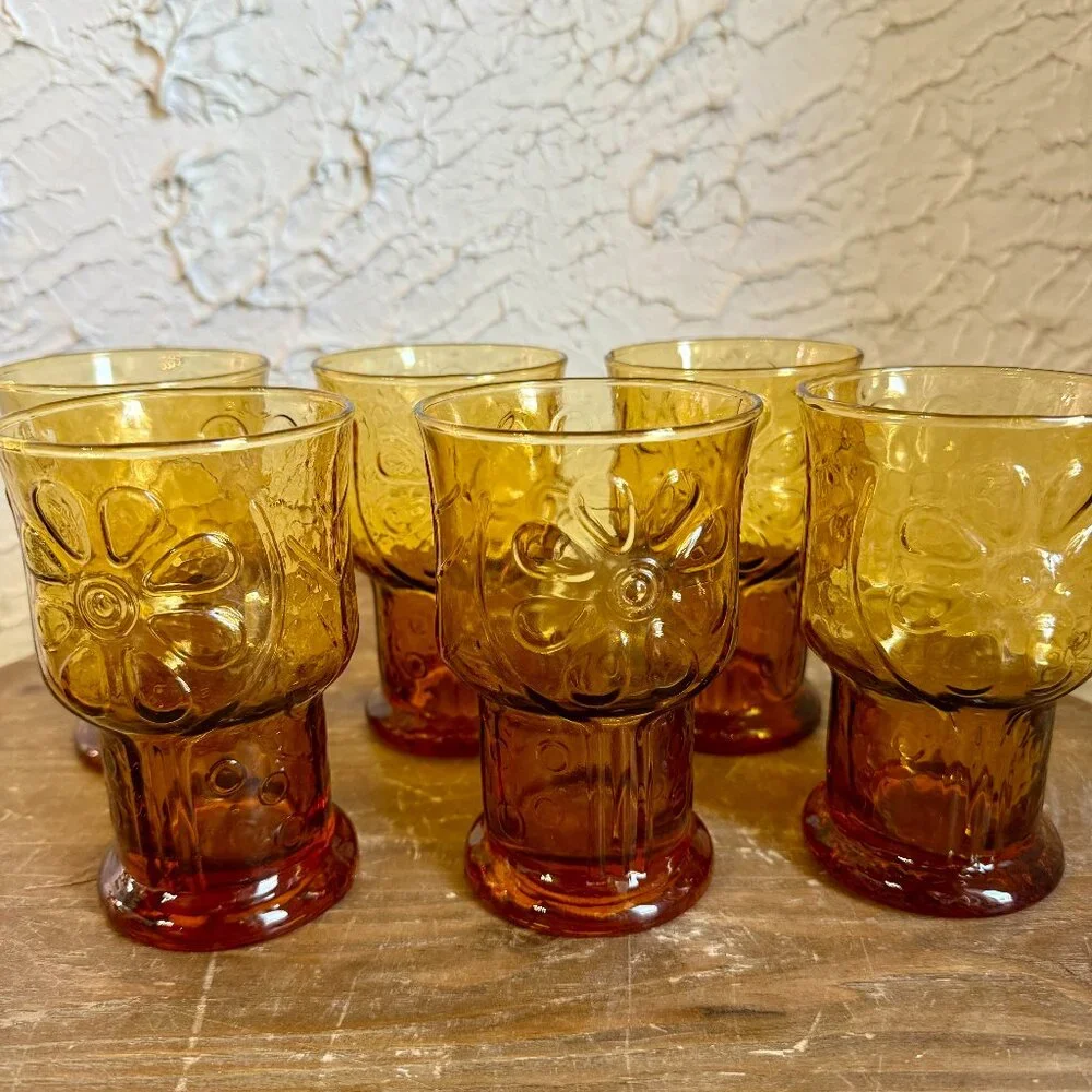 Vintage Amber Glass Goblets Set of 6 Floral Pressed Glass Mid Century A - Picture 1 of 10